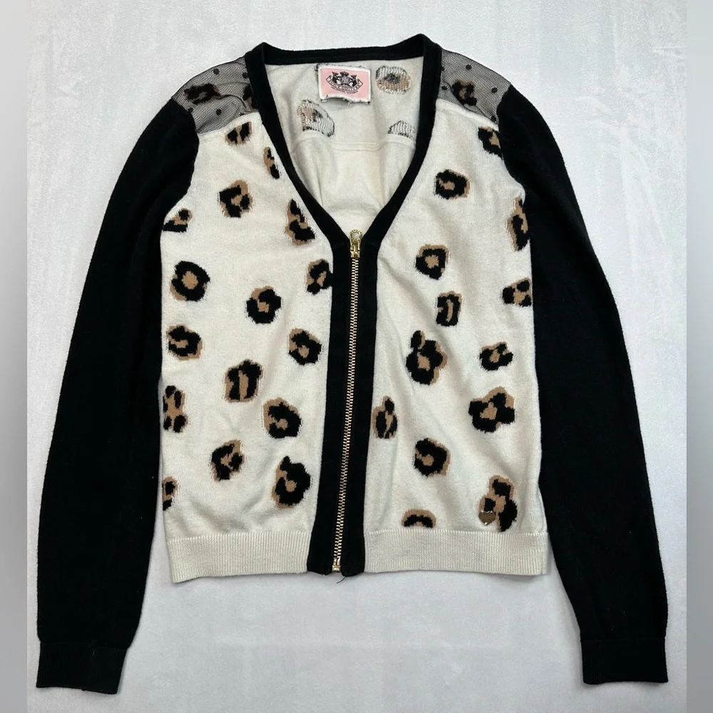 Juicy Couture Black and White Cheetah Print Zip Up Sweater Girls Size S
